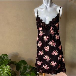 Short black mini dress; lace details & pink floral pattern, American Eagle, XXS